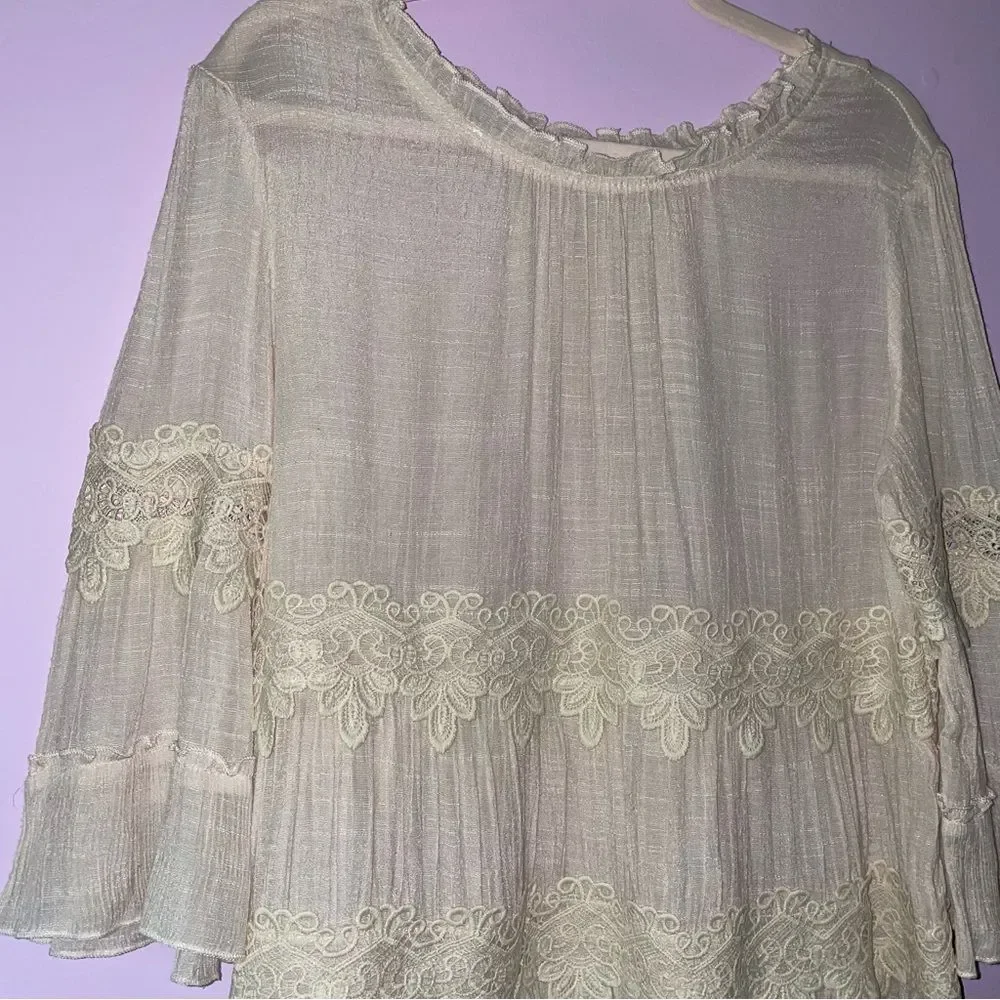 Indigo Soul M Blouse Tiered Gauzy High Neck Flounce Tan Cream